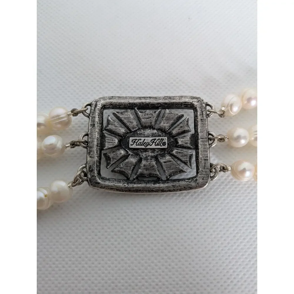 HALEY HILL SILVERTONE PEARL & RHINESTONE 3 STRAND BRACELET 1 1/2 X 7-9" - Picture 6 of 8